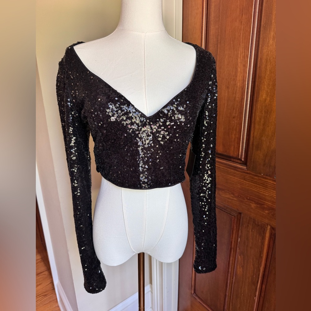 Lulu's Black Sequin V-Neck Crop Top